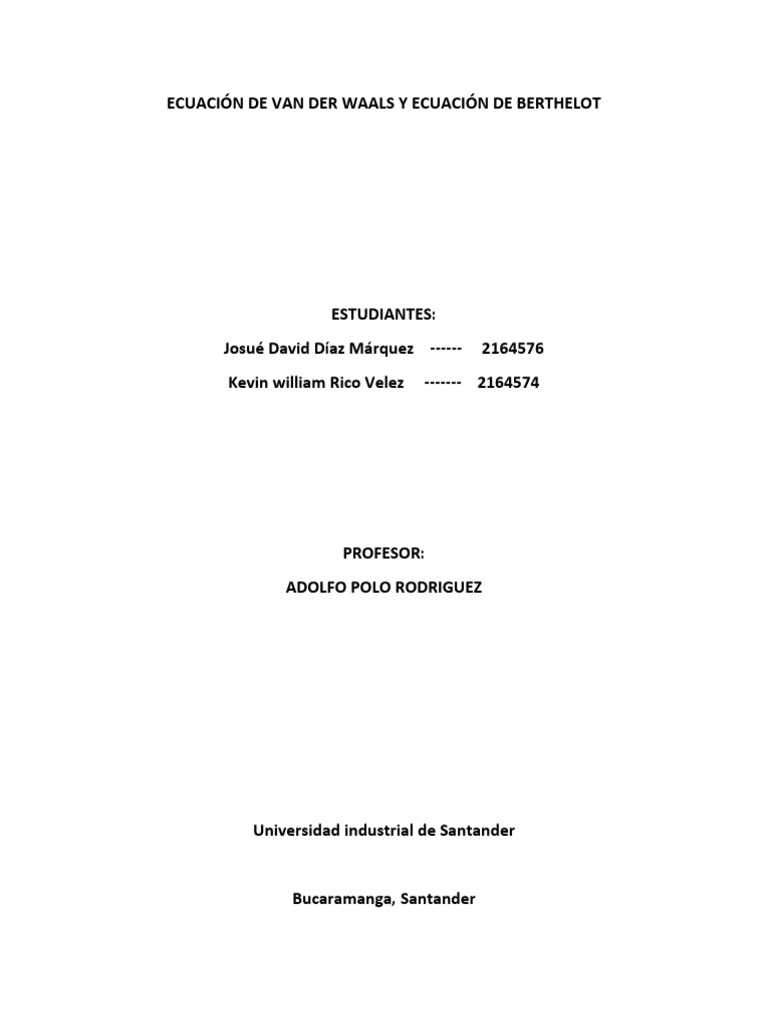 Ecuaciones de Van der Waals y Berthelot | PDF | Gases | Física Matemática