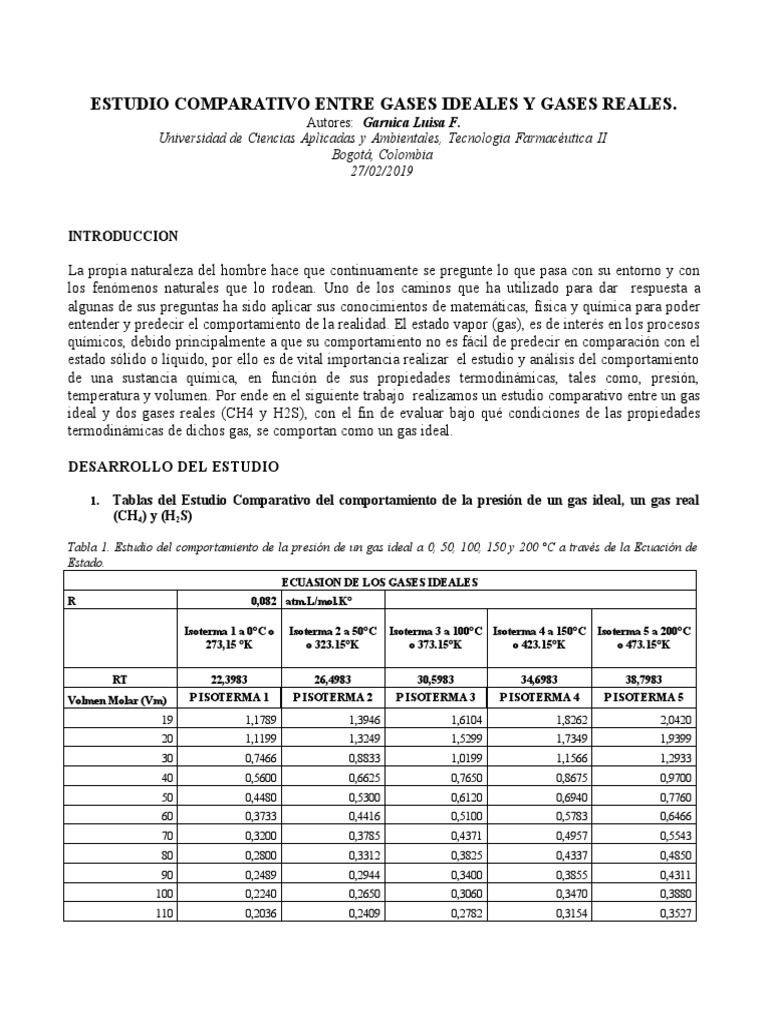 Comparativa de Gases Ideales y Reales | PDF | Gases | Naturaleza