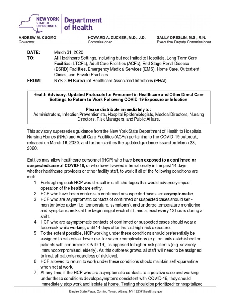 NYS DOH March 31st COVID19 Protocol for Health Care Workers Health