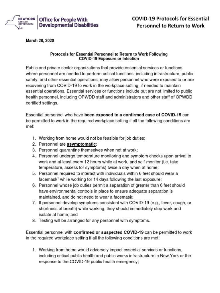 NYS OPWDD March 28th COVID19 Protocol For Essential Personnel PDF
