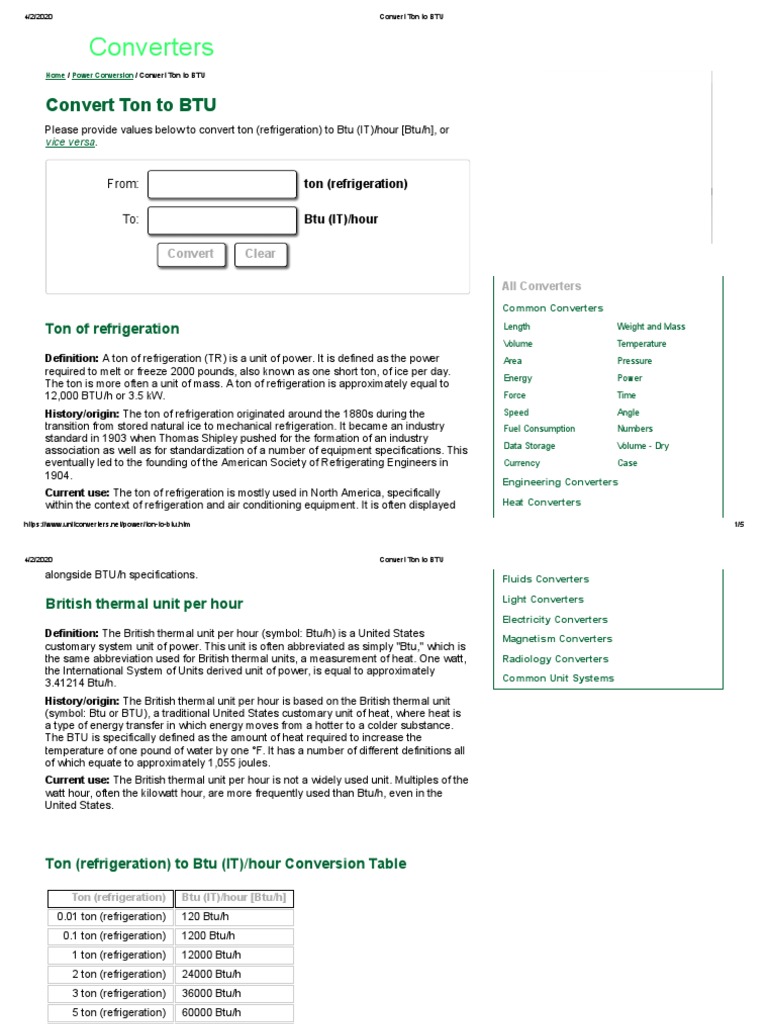 Convert Ton To BTU | PDF | Watt | British Thermal Unit