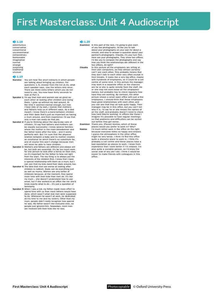 First Masterclass: Unit 4 Audioscript | PDF