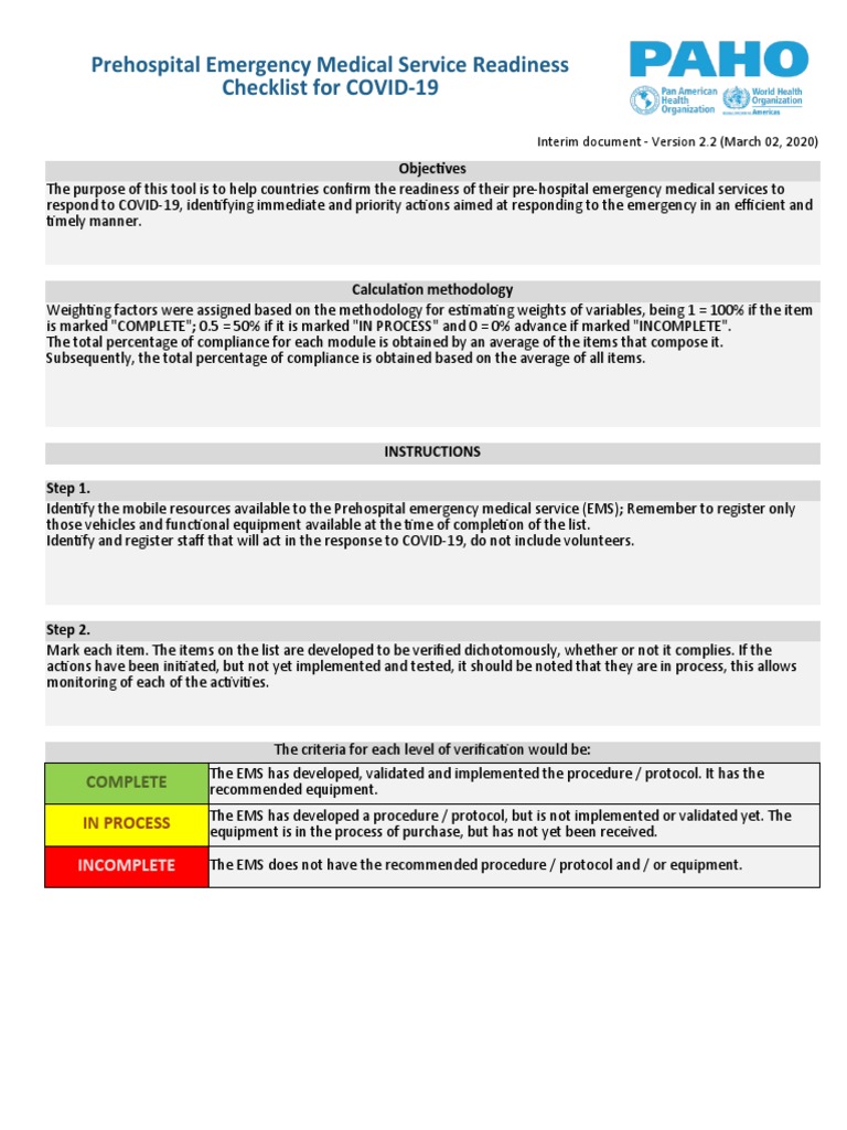 EMS COVID-19 Readiness Checklist | PDF | Emergency Medical Services ...