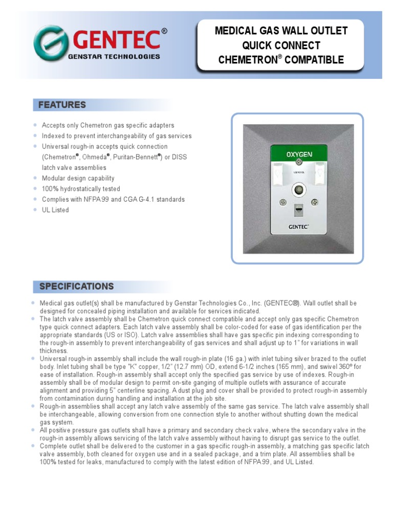 Features: Medical Gas Wall Outlet Quick Connect Chemetron Compatible ...