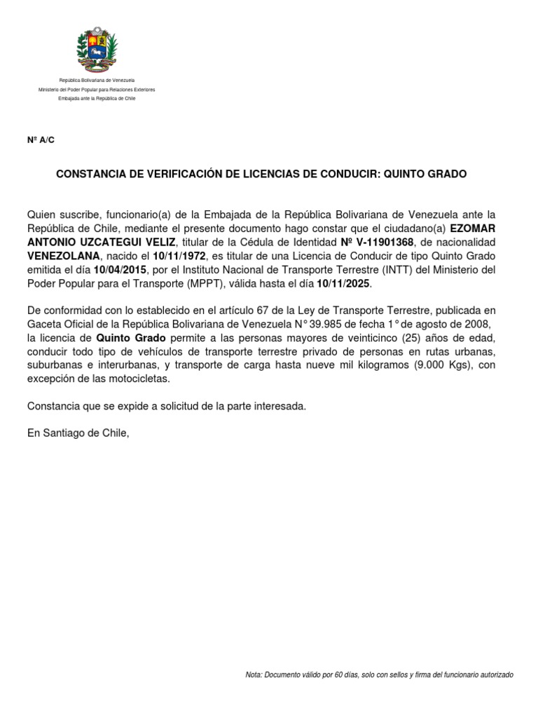 Constancia De Verificación De Licencias De Conducir Quinto Grado