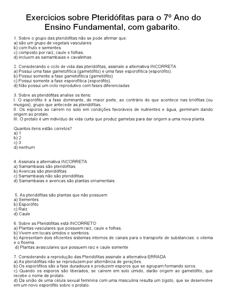 Exercícios sobre Pteridófitas 7º Ano | PDF | Samambaia | Plantas