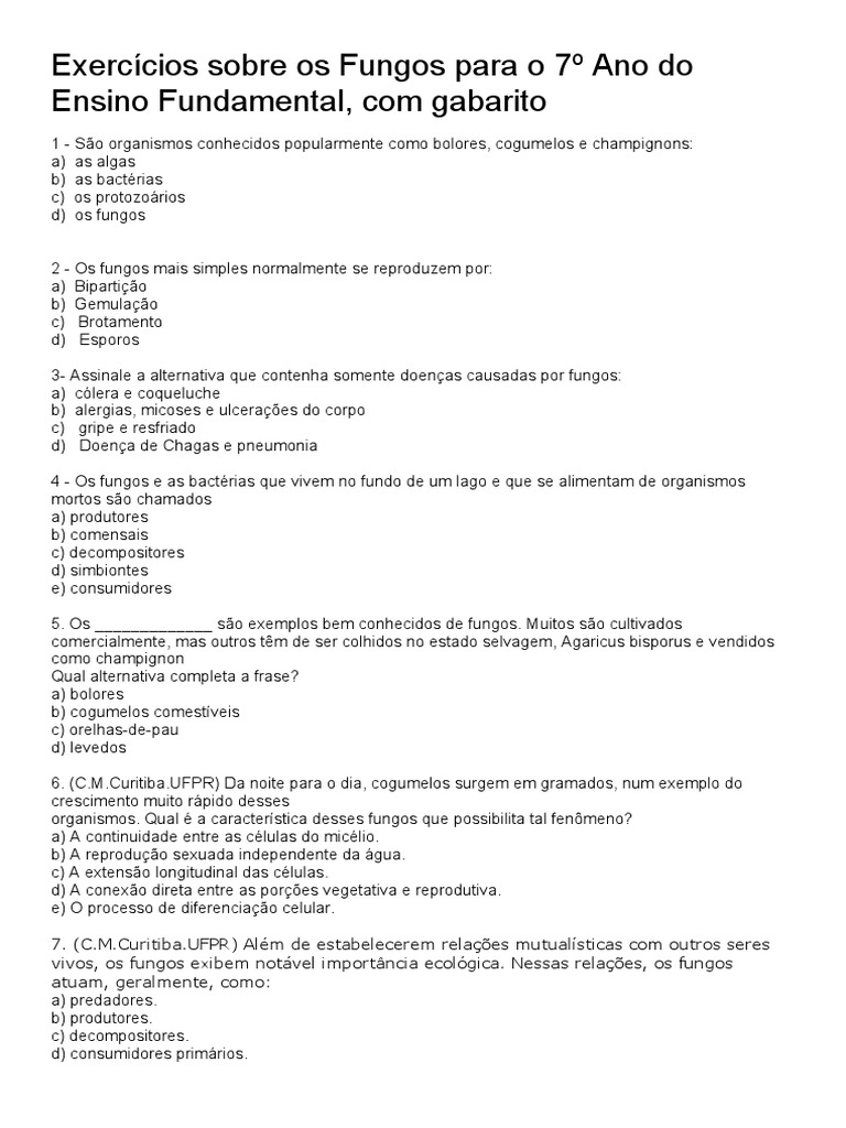 Exercícios Sobre Os Fungos para o 7º Ano Do Ensino Fundamental | PDF ...