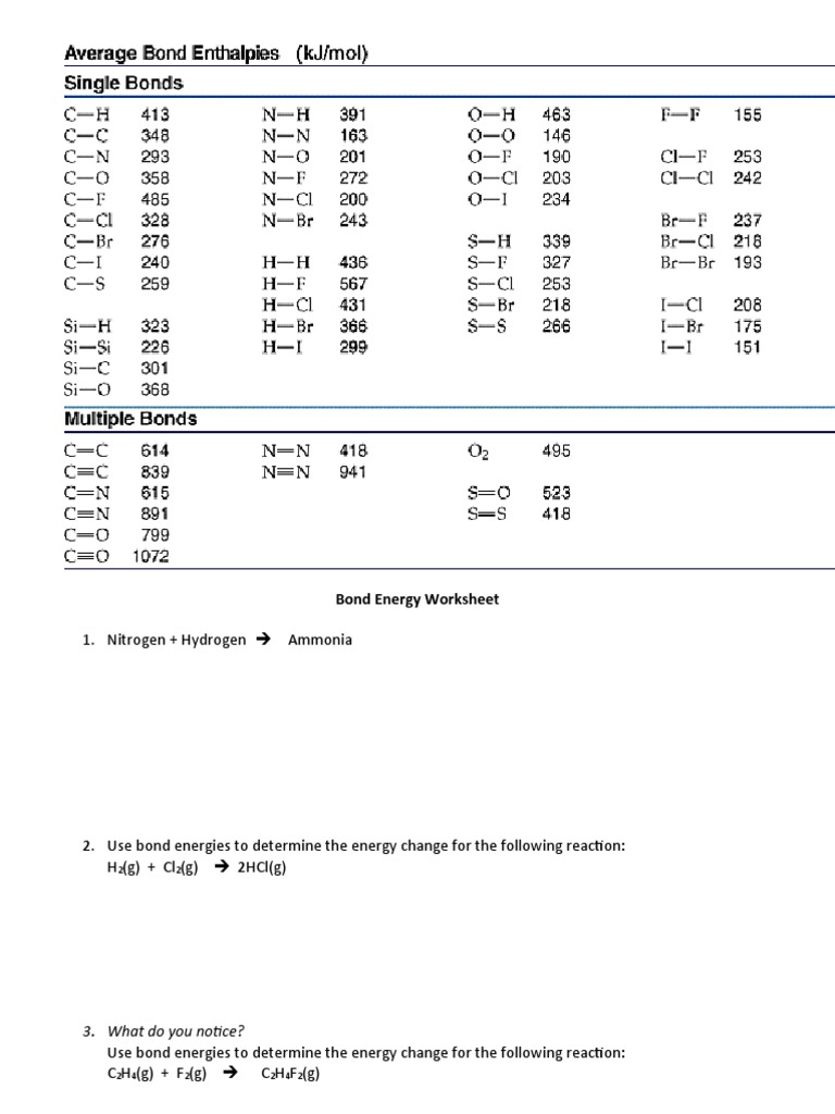 Bond Energy Worksheet: 3. What Do You Notice? | PDF | Chemical Industry ...