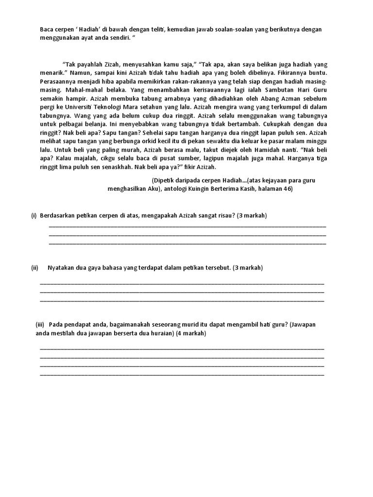 Latihan Pemahaman Cerpen Hadiah Pdf