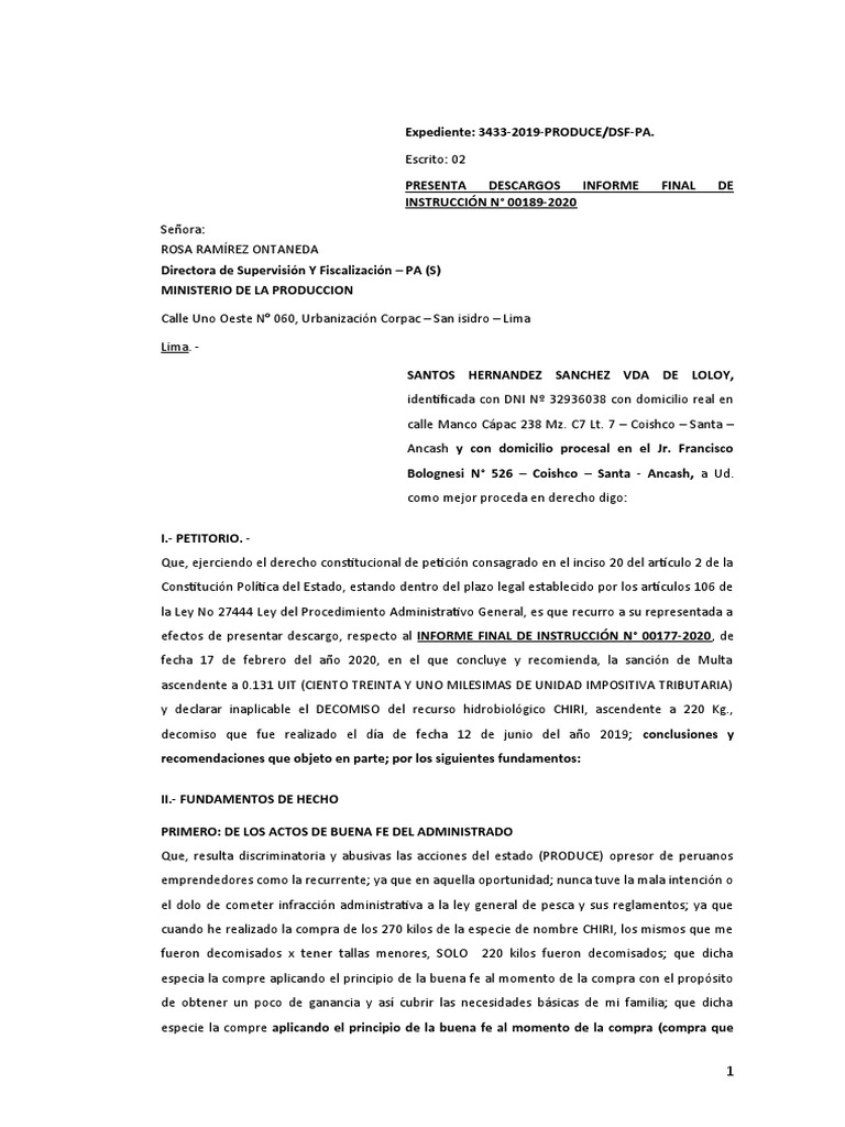 Descargo A Informe Final - Produce - Santos Hernandez Sanche | PDF |  Gobierno