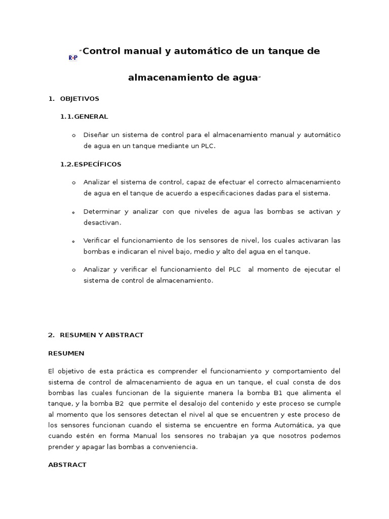 Control Manual y Automatico de Un Tanque de Almacenamiento de Agua PDF