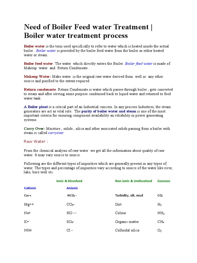 Need of Boiler Feed Water Treatment Boiler Water Treatment Process