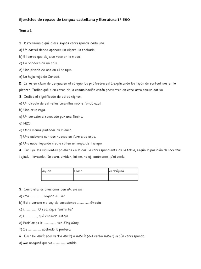 Ejercicios de Lengua 1º ESO: Repaso | PDF | Palabra | Dialecto