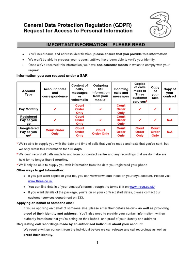 General Data Protection Regulation (GDPR) Request For Access To ...