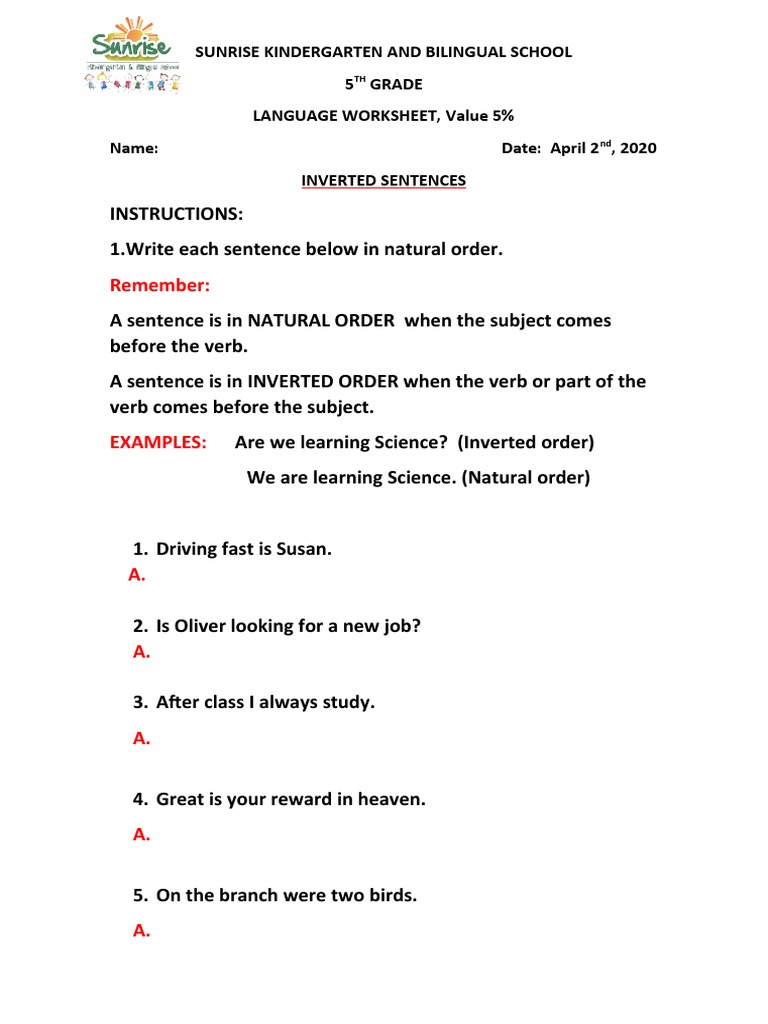 Inverted Sentences Worksheet With Answers Pdf