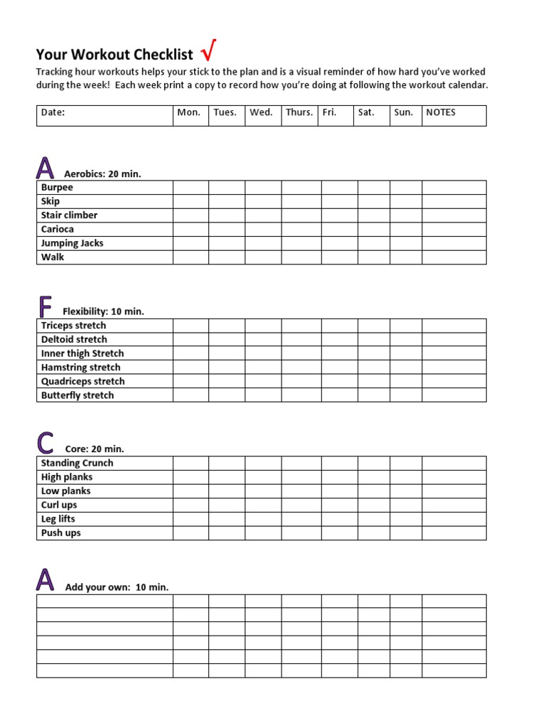 Weekly Workout Tracking Checklist | PDF