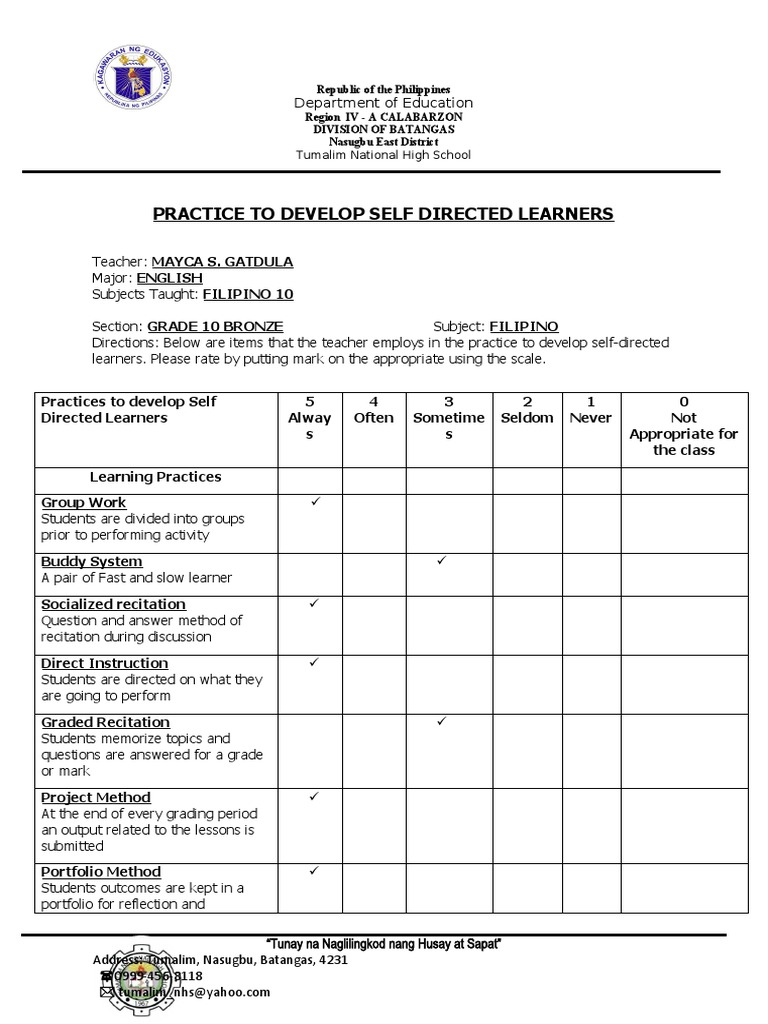 Practice To Develop Self Directed Learners: Tumalim National High ...