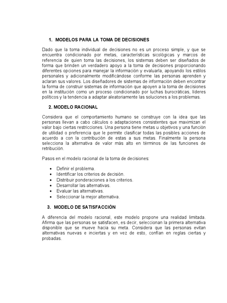 Modelos para La Toma de Decisiones | PDF | Racionalidad | Toma de ...