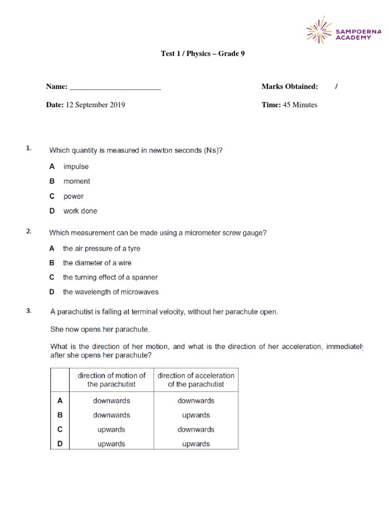 Test 1 / Physics - Grade 9 | PDF | Force | Weight