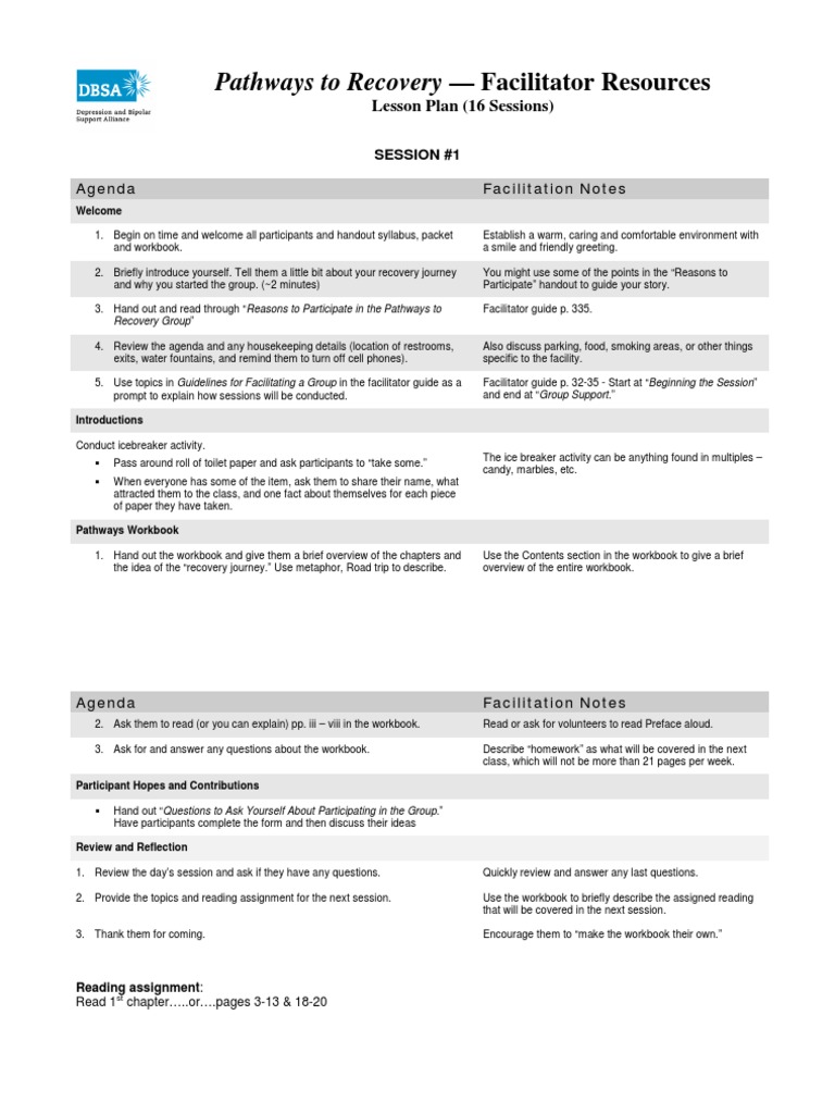 Pathways To Recovery - Facilitator Resources: Lesson Plan (16 Sessions ...