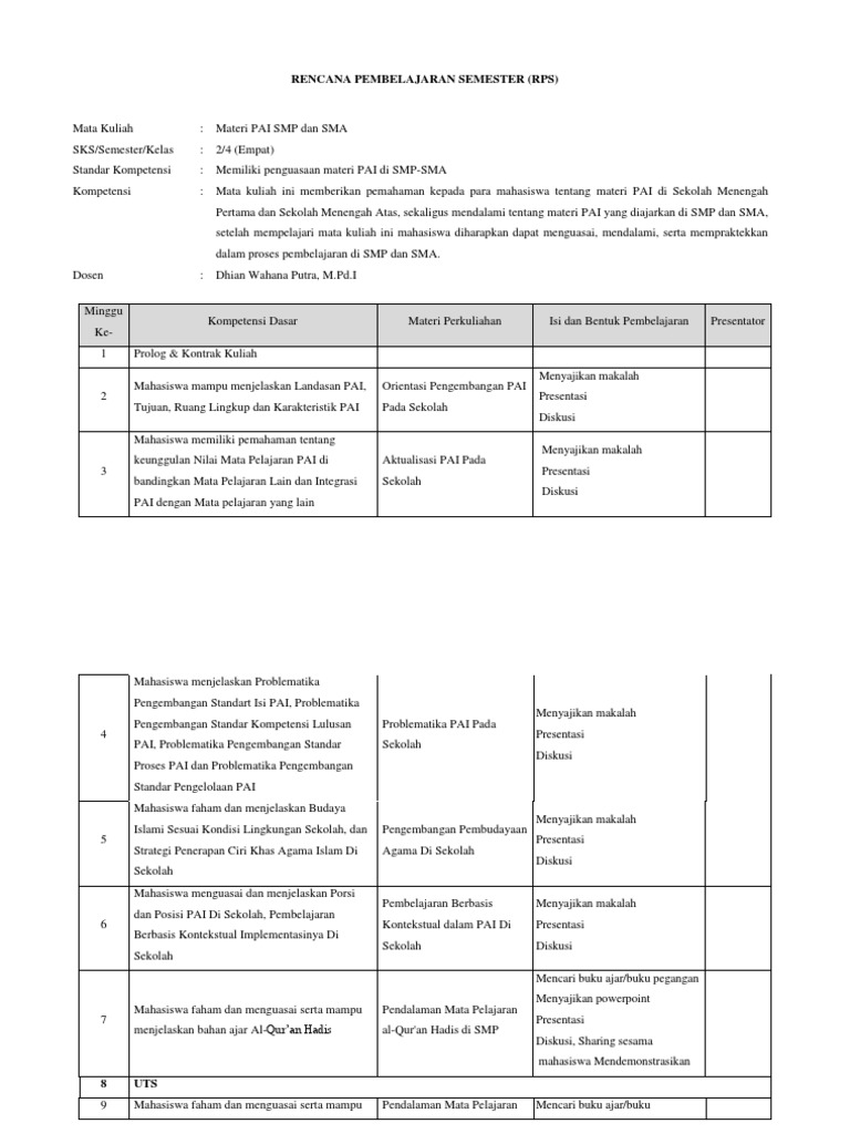 Contoh RPS Mata Kuliah PAI SMP-SMA | PDF