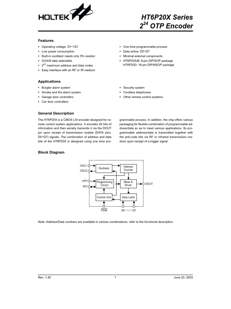 HT6P20X Series 2 OTP Encoder Features PDF Power Supply Cmos