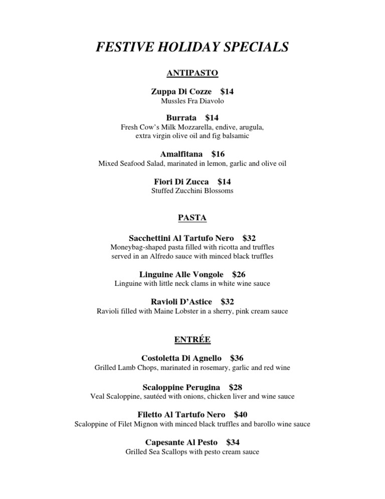 Festive Holiday Italian Menu Specials | PDF