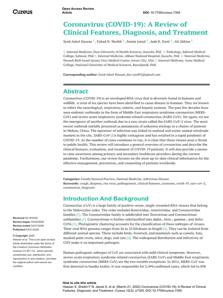 Coronavirus (COVID-19) : A Review of Clinical Features, Diagnosis, and ...