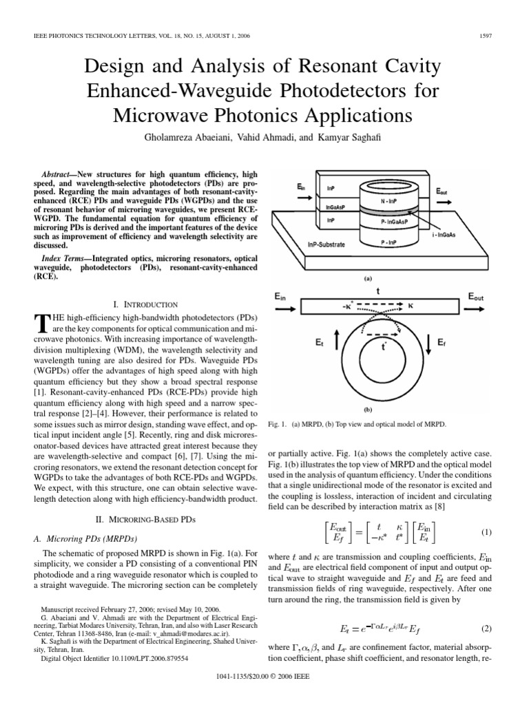 Design and Analysis of Resonant Cavity EnhancedWaveguide Photodetectors For Microwave Photonics