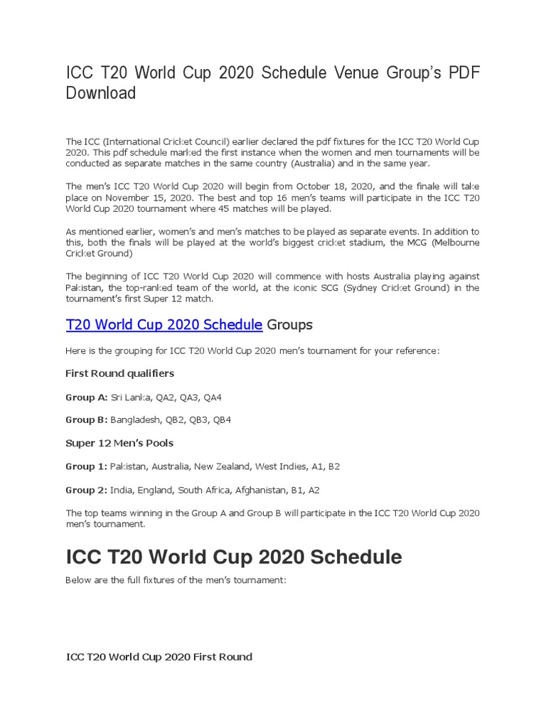 ICC T20 World Cup 2020 Schedule Venue Groups PDF Download PDF England Cricket Team Teams