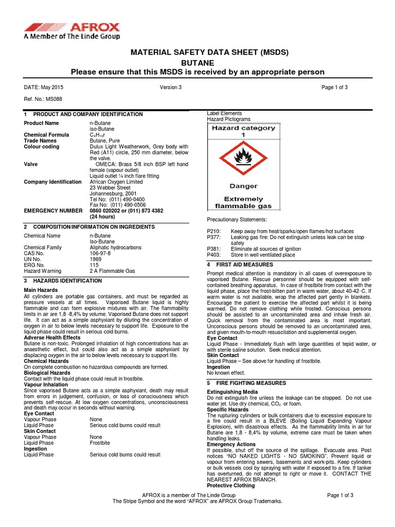 Butane Material Safety Data Sheet | PDF | Oxygen | Nature
