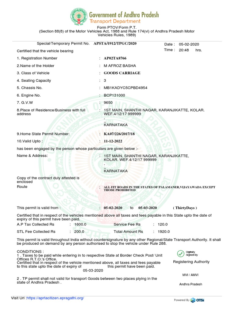 Temporary Permit for Goods Carriage Vehicle in Andhra Pradesh | PDF ...