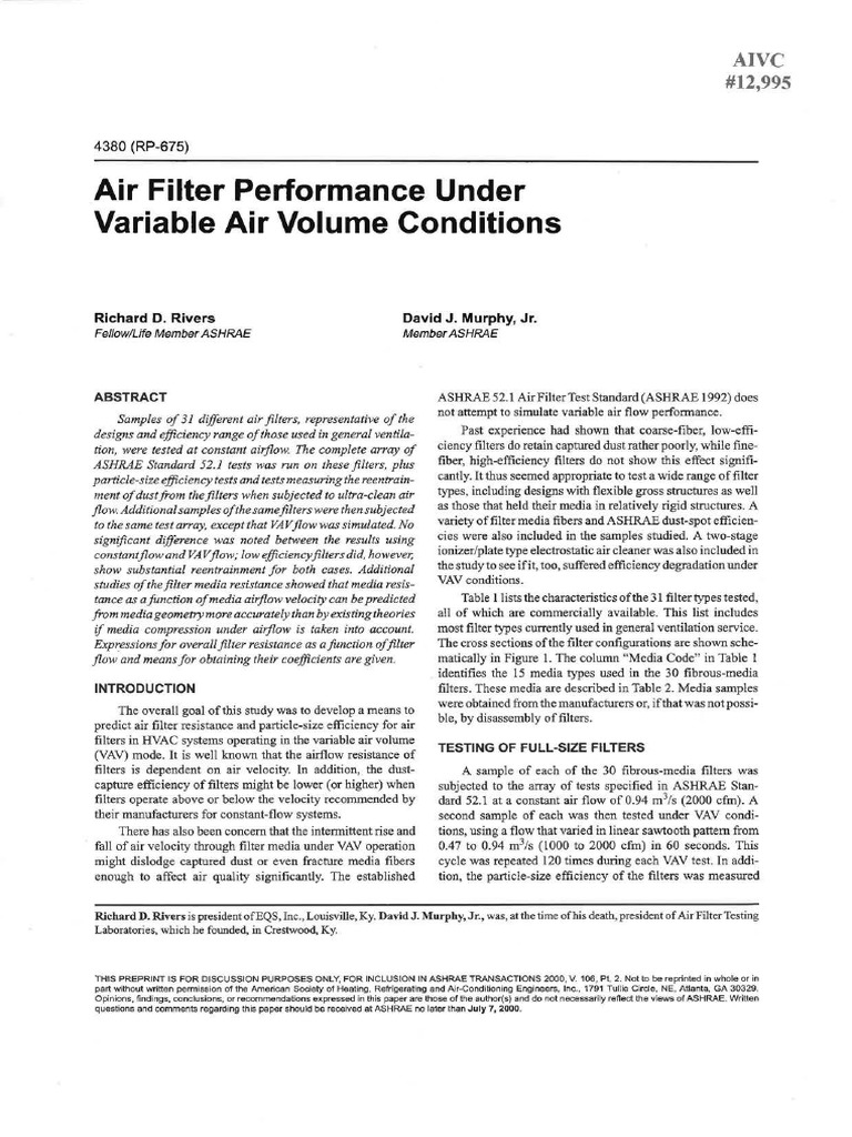 Air Filter Performance Under Variable Air Volume Conditions Aivc