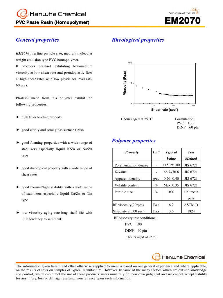 General Properties Rheological Properties: PVC Paste Resin (Homopolymer ...