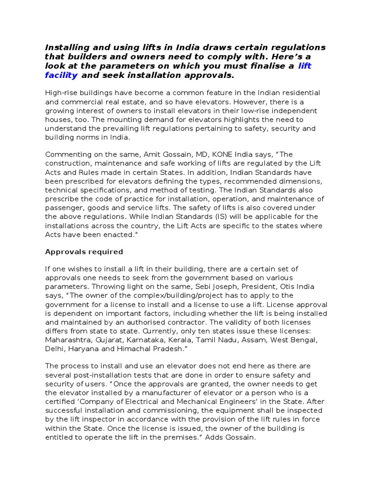 Lift Facility Approvals Required Pdf Elevator Building