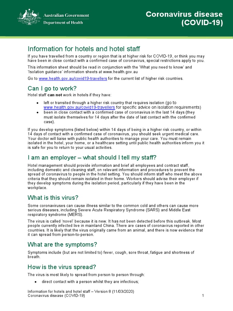 Information For Hotels and Hotel Staff Coronavirus Disease (COVID19
