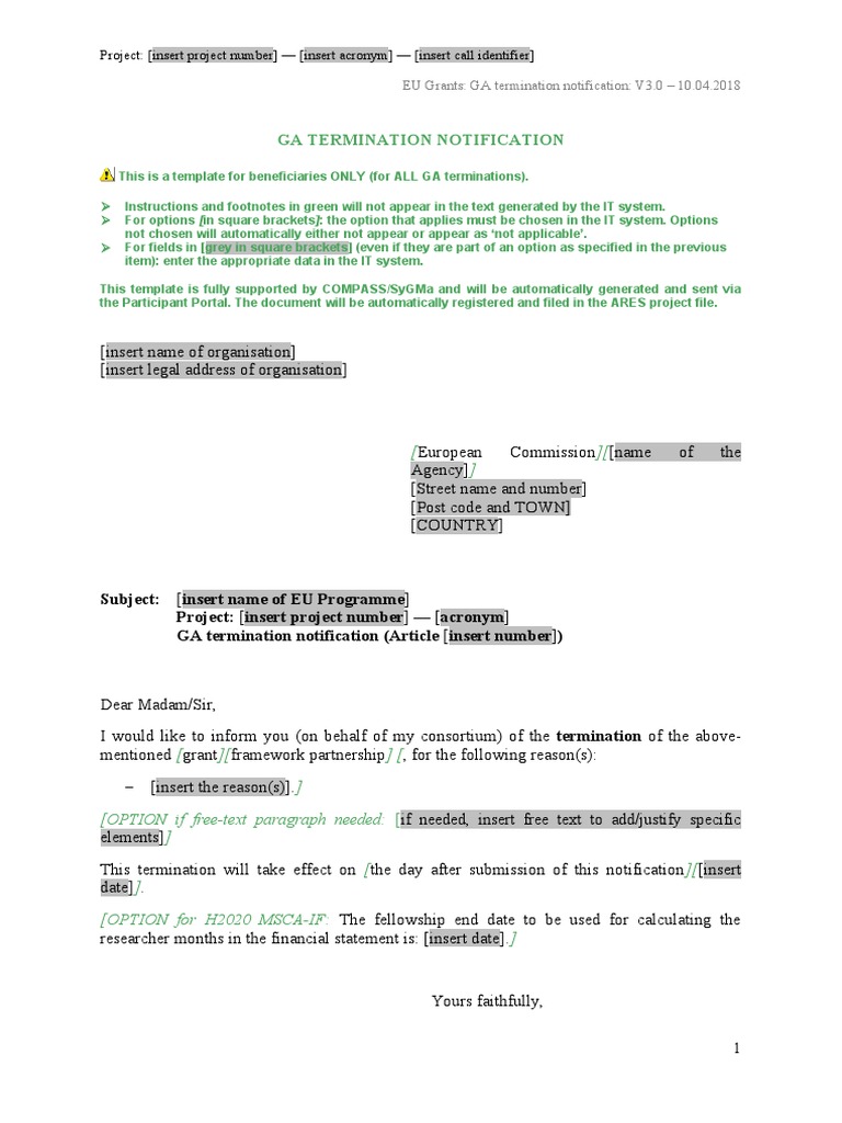 Ga Termination Notification Project (Insert Project Number) (Insert