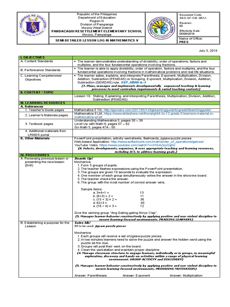 SEMI-DETAILED LESSON LOG IN MATHEMATICS 5 For CLASSROOM OBSERVATION ...
