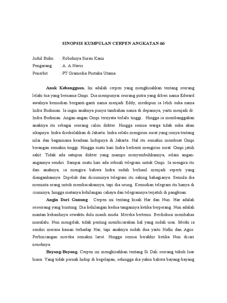 Sinopsis Kumpulan Cerpen Angkatan 66
