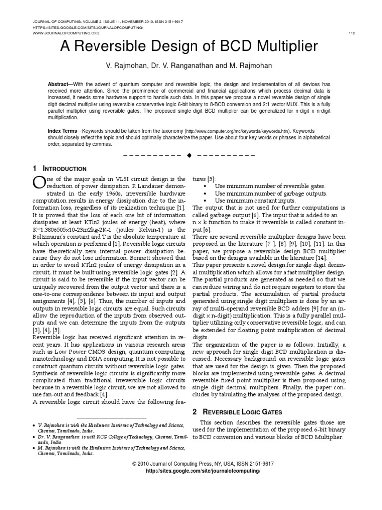 A Reversible Design of BCD Multiplier | PDF | Logic Gate | Binary Coded ...
