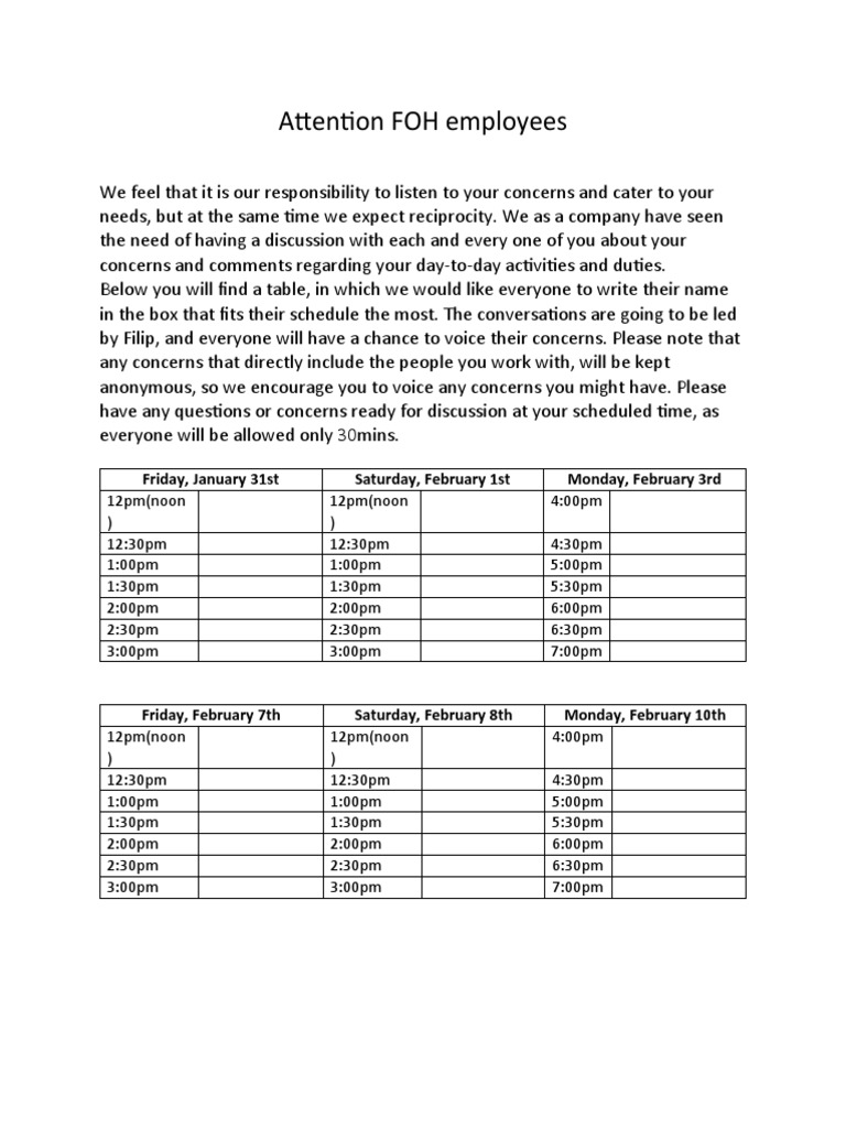 Attention FOH Employees: Friday, January 31st Saturday, February 1st ...