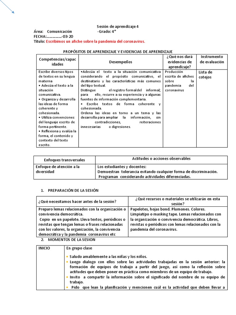 Sesión de Aprendizaje 1 Marzo Cuarto Grado 2020 . | PDF | Sistema ...