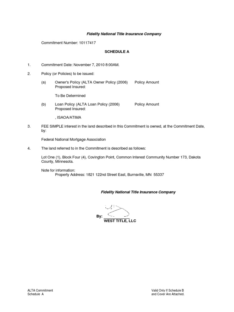 Title insurance commitment schedule showing owner and loan policy information