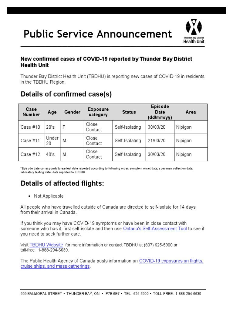 Thunder Bay District Health Unit - Cases 10 - 12 | PDF | Wellness | Medical