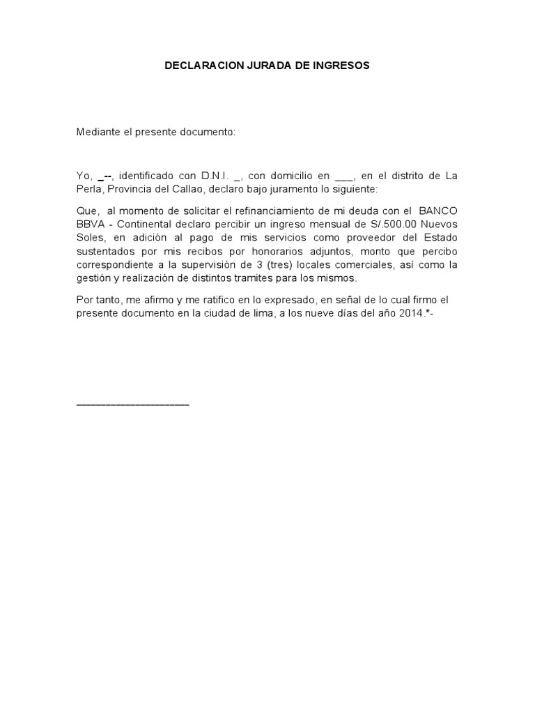 Declaración Jurada de Ingresos Mensuales | PDF