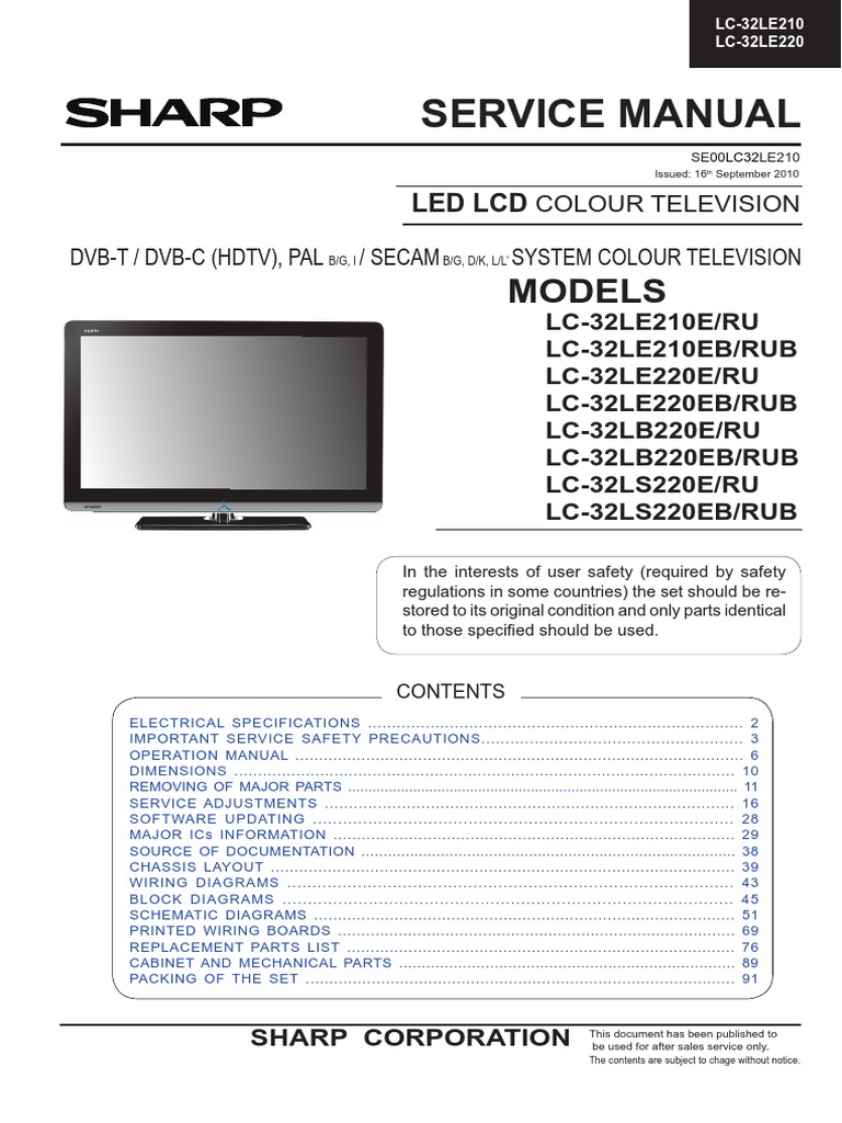 Sharp Lc 32le210e Lc 32le210eb Lc 32le2e Lc 32le2eb Lc 32lb2e Lc 32lb2eb Lc 32ls2e Lc 32ls2eb Hdmi Soldering