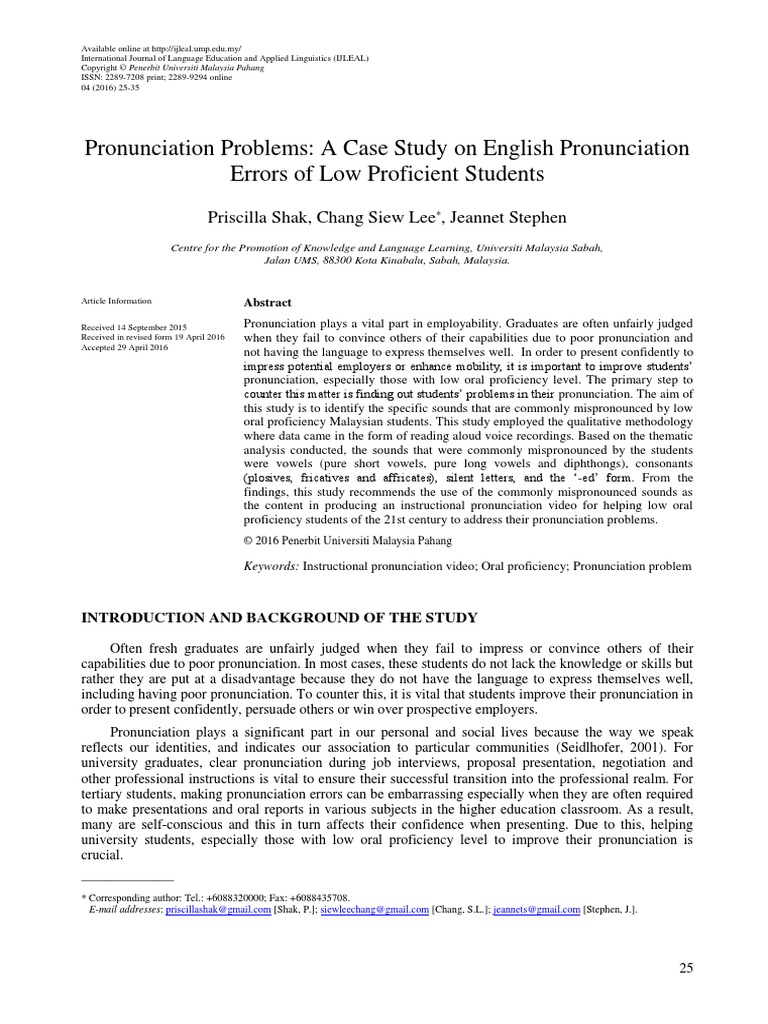 Pronunciation Problems A Case Study On E PDF | PDF | Consonant | Second ...