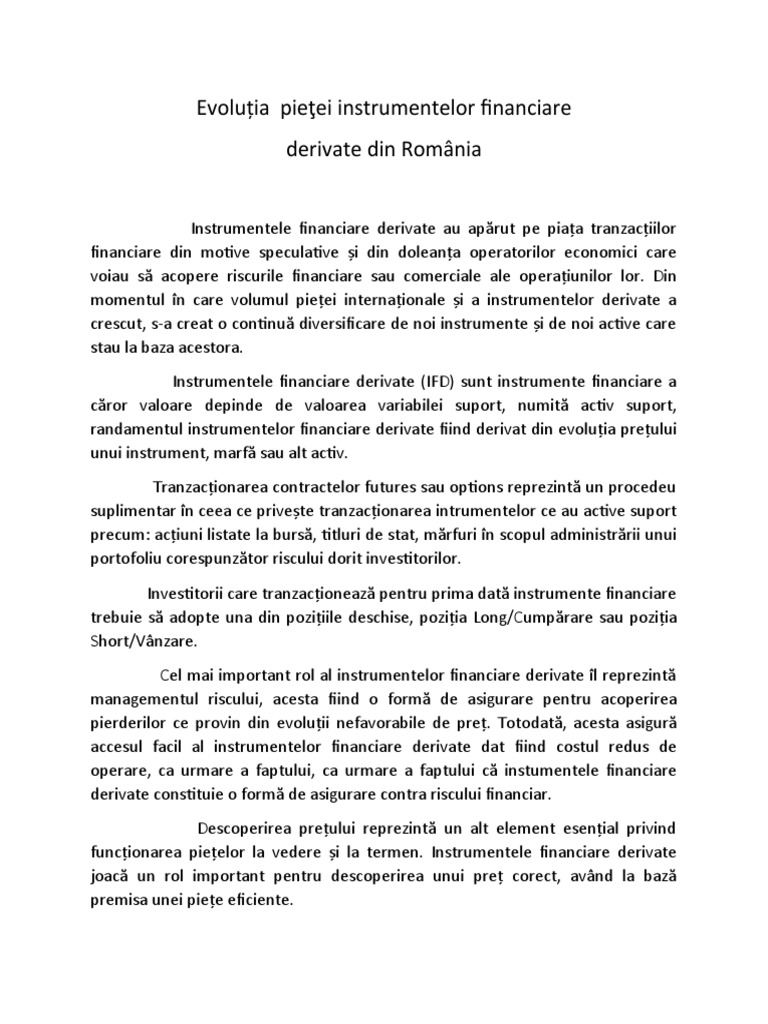 Evolutia Pietei Instrumentelor Financiare Derivate Din Romania PDF