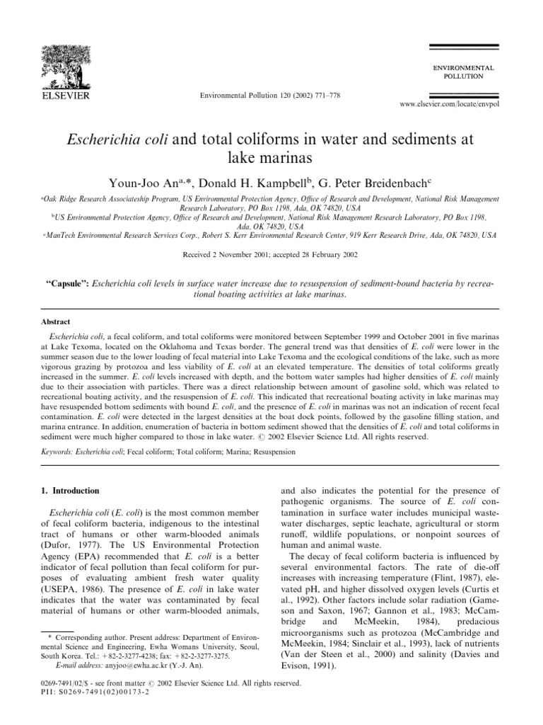 Escherichia Coli and Total Coliforms in Water and Sediments at Lake Marinas PDF Escherichia