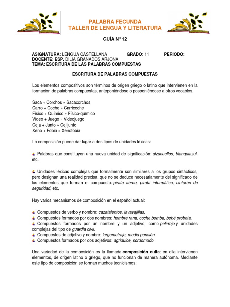 Guía 12. Escritura de Palabras Compuestas | PDF | Palabra | Tipología ...